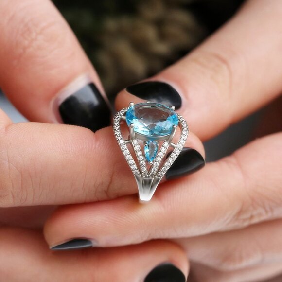 🎀 Fashion Oval Sea Blue Gems Zircon Stackable Rings for Women, EVGG1569 - Picture 4 of 7